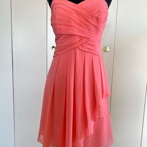 David's Bridal Strapless Coral-Pink Pleated Chiffon Dress